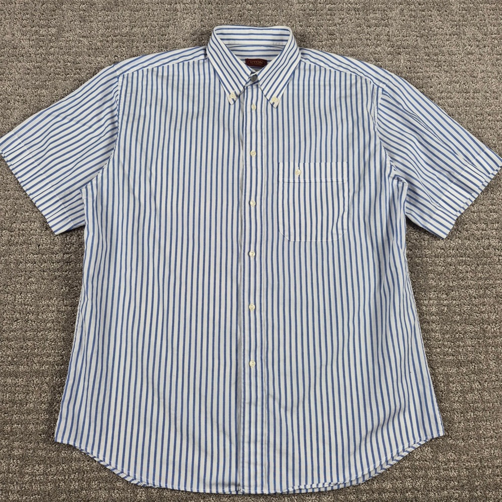 Eton of Sweden Shirt Mens XL White Blue Striped Short Sleeve Button Down Vtg Y2k